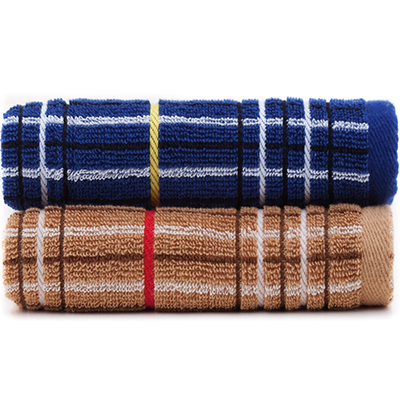 三利 毛巾家纺 色织方格毛巾两条装 35x78cm 蓝色、棕色