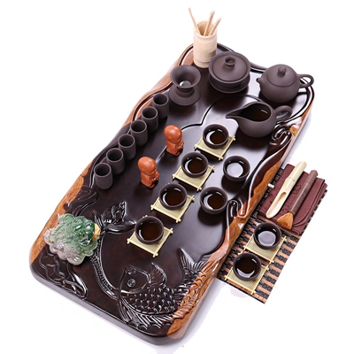 艺宏堂茶具整套茶具 艺宏堂茶具套装 整套功夫茶具套装 陶瓷茶具茶盘 黑檀面板荷叶圣龙紫砂茶具套装