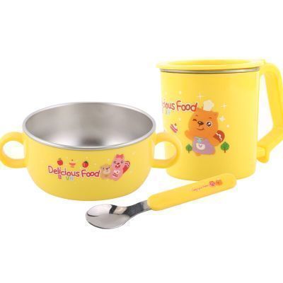 贝瓦 儿童用品金属1-3岁宝宝不锈钢餐具（三件套） 黄色