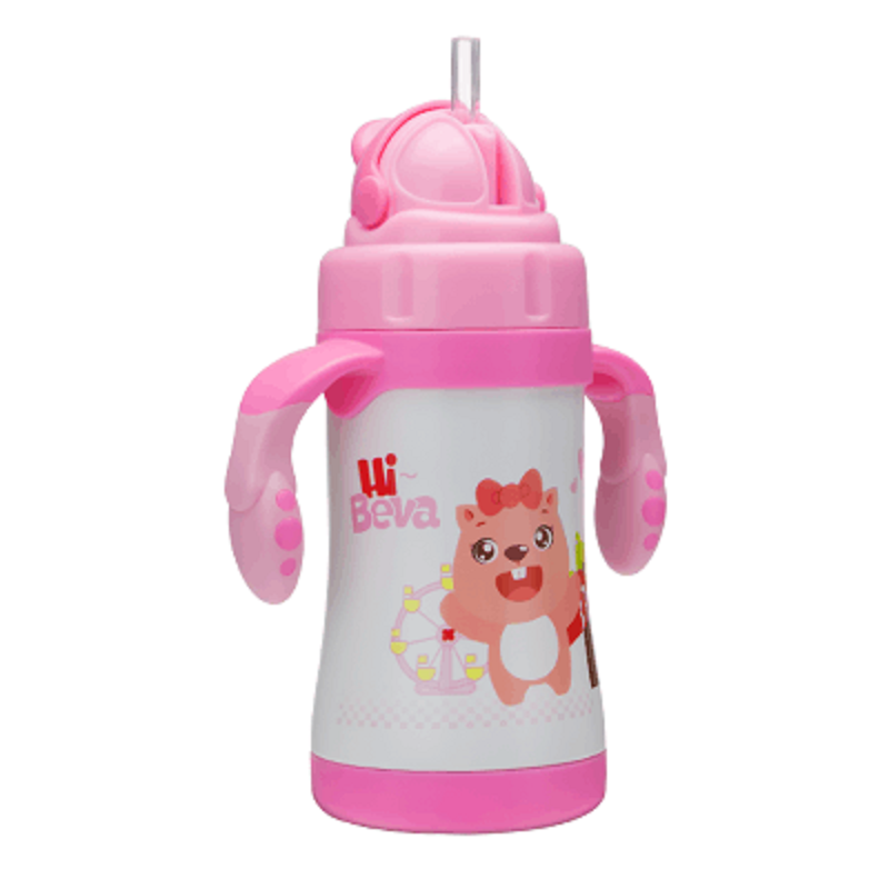 贝瓦儿童不锈钢双柄保温杯260ml 吸管 嘟萌粉