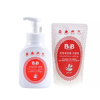 韩国原装进口本土保宁婴儿泡沫奶瓶清洗液 泡沫果蔬清洗剂/清洁剂/洗奶瓶液套装(正装450ml+补充装400ml )