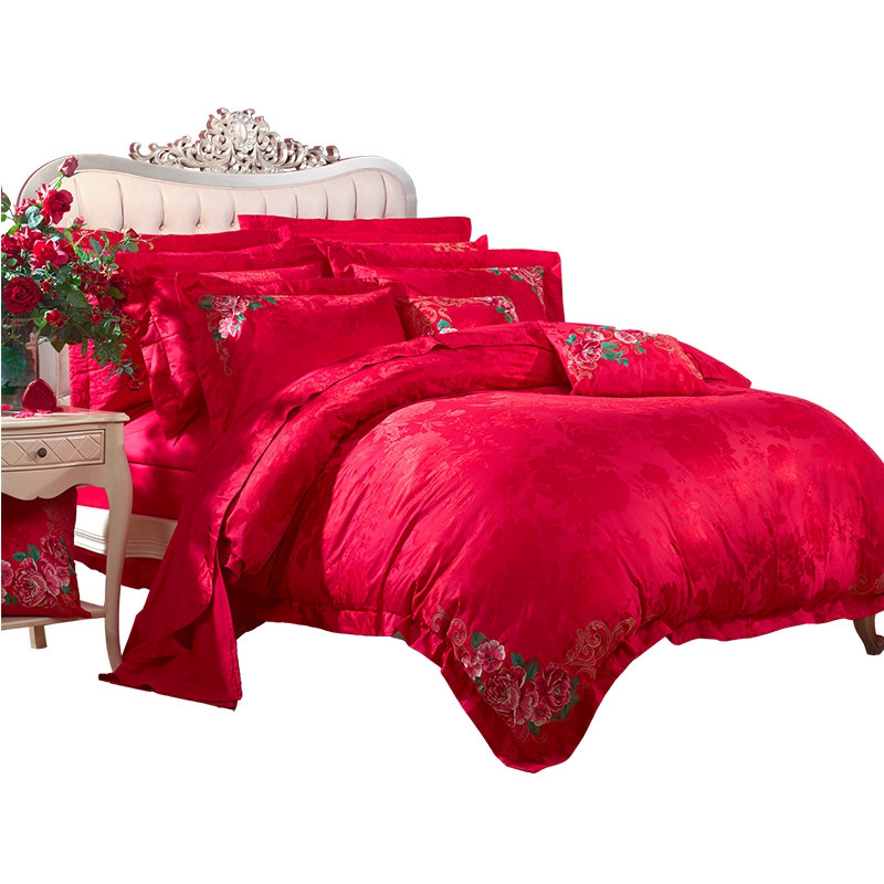 富安娜(FUANNA)家纺圣之花 结婚四件套红色婚庆提花绣花套件被套床单 喜结连理/花舞盈歌