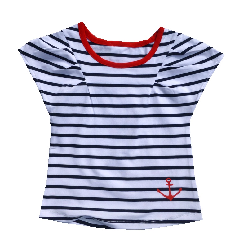 安笛贝乐品牌时尚夏装半袖童装 女童新款白色条纹衫儿童短袖t恤 纯棉圆领T恤潮90-130cm