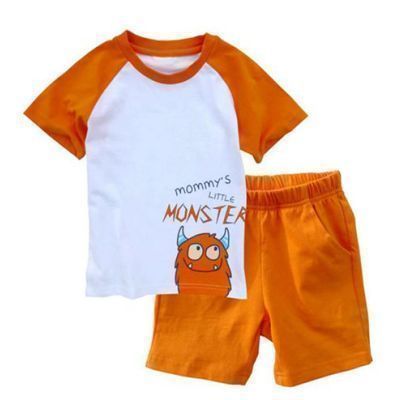 安笛贝乐品牌宝宝童装男童夏装中小童短袖短裤橙色套装纯棉半袖体恤衫潮沙滩服休闲90-130cm