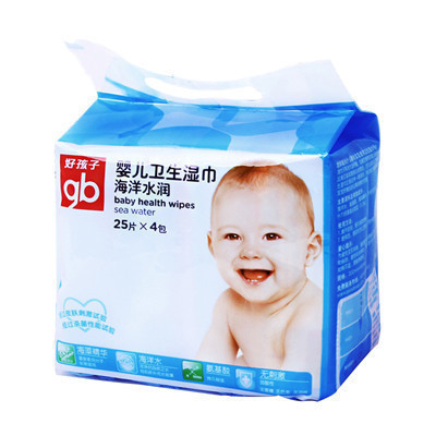 好孩子海洋水润湿巾 婴儿便携装卫生湿巾小包装儿童湿巾纸 25片*4包(可放口袋)