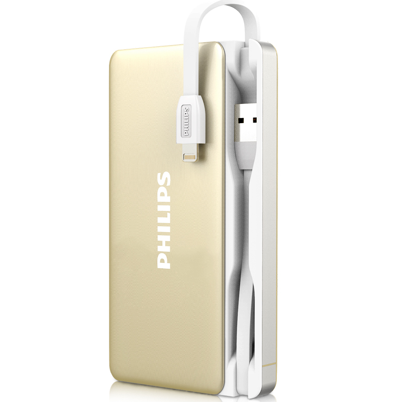 飞利浦超薄便携6000毫安苹果手机充电宝iPhone6 6s移动电源大容量自带线 金色