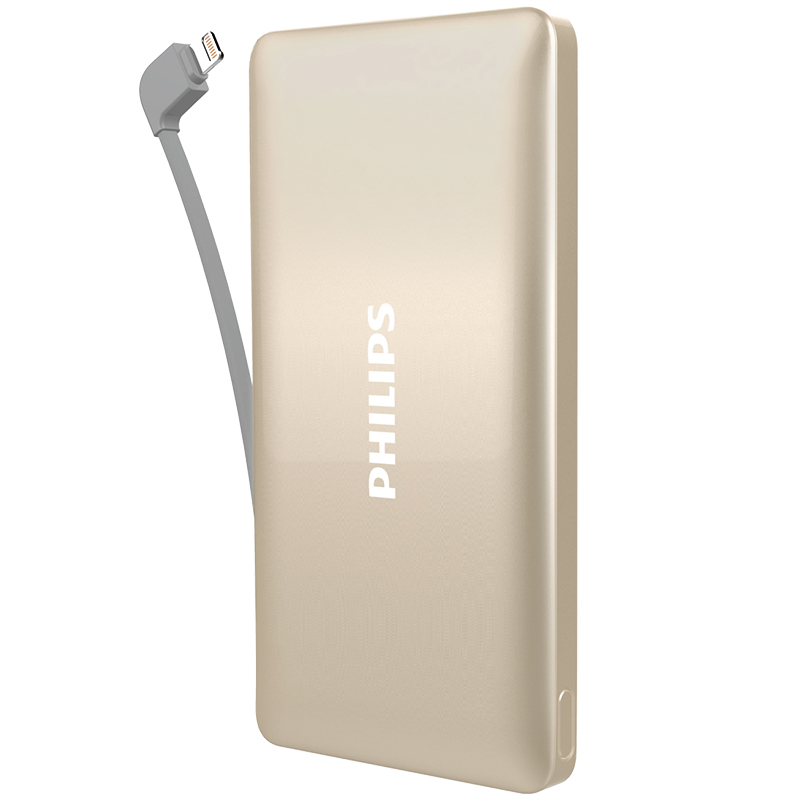 飞利浦10000毫安超薄便携移动电源 自带线 聚合物电芯安卓苹果通用充电宝 DLP6100V 金色 自带苹果线