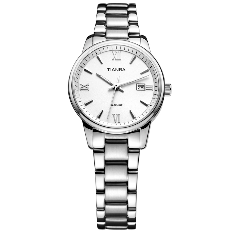 天霸(TIANBA) 时尚情侣手表商务简约带日历女表 金属不锈钢表带 石英表 女 TL3006.02SS白色