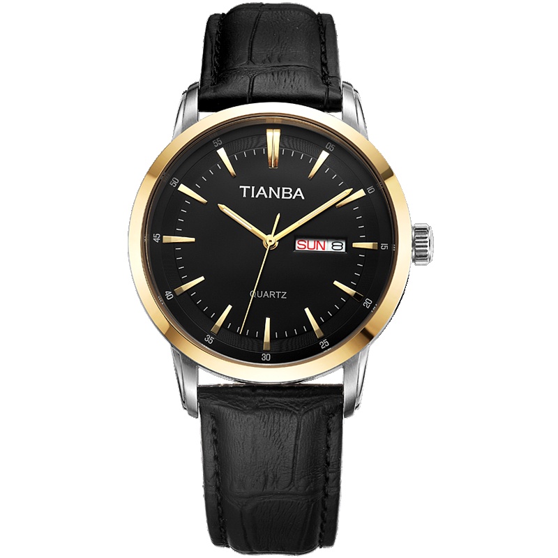 天霸(TIANBA)名仕系列男士手表 商务休闲皮带款双历手表 时尚情侣手表 石英表 男TM7019.01PK 黑色