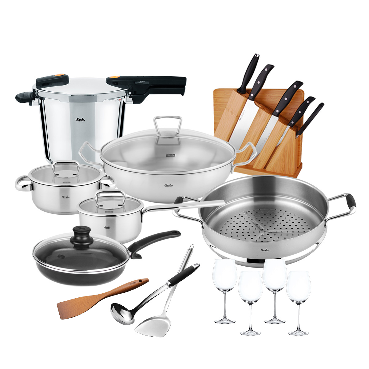 菲仕乐(fissler)锅具套装 TZ00000871 橙色沸点6L高速快锅不粘锅不锈钢炒锅刀具汤锅21件组