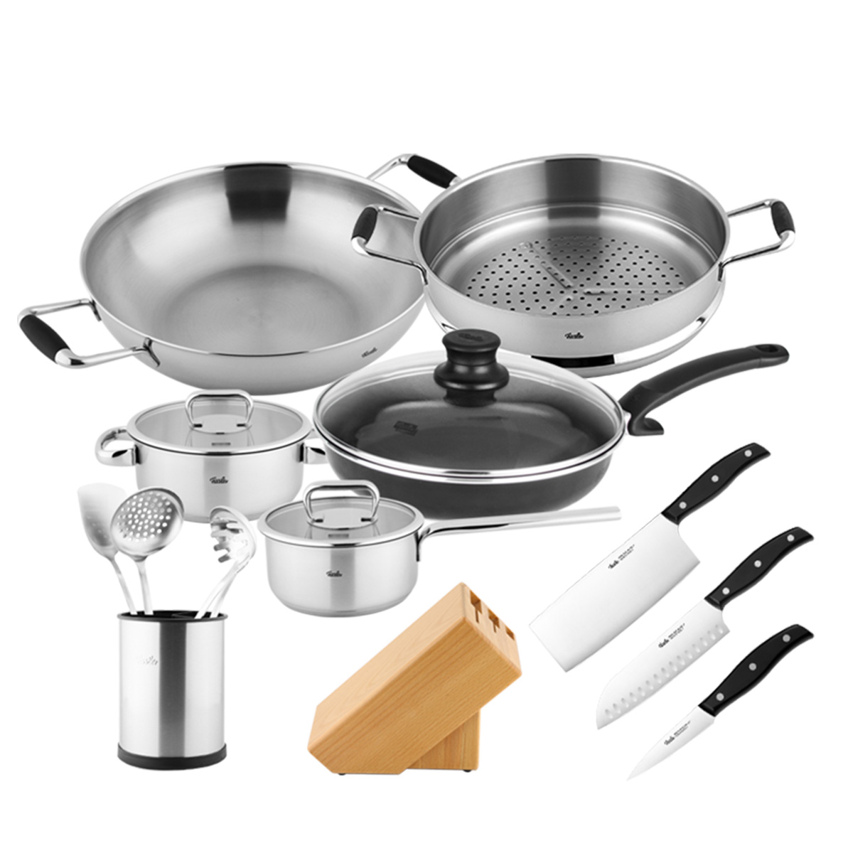 菲仕乐(fissler)锅具套组 TZ00000877 不锈钢双柄炒锅蒸屉汤锅不粘锅刀具厨房配件15件组