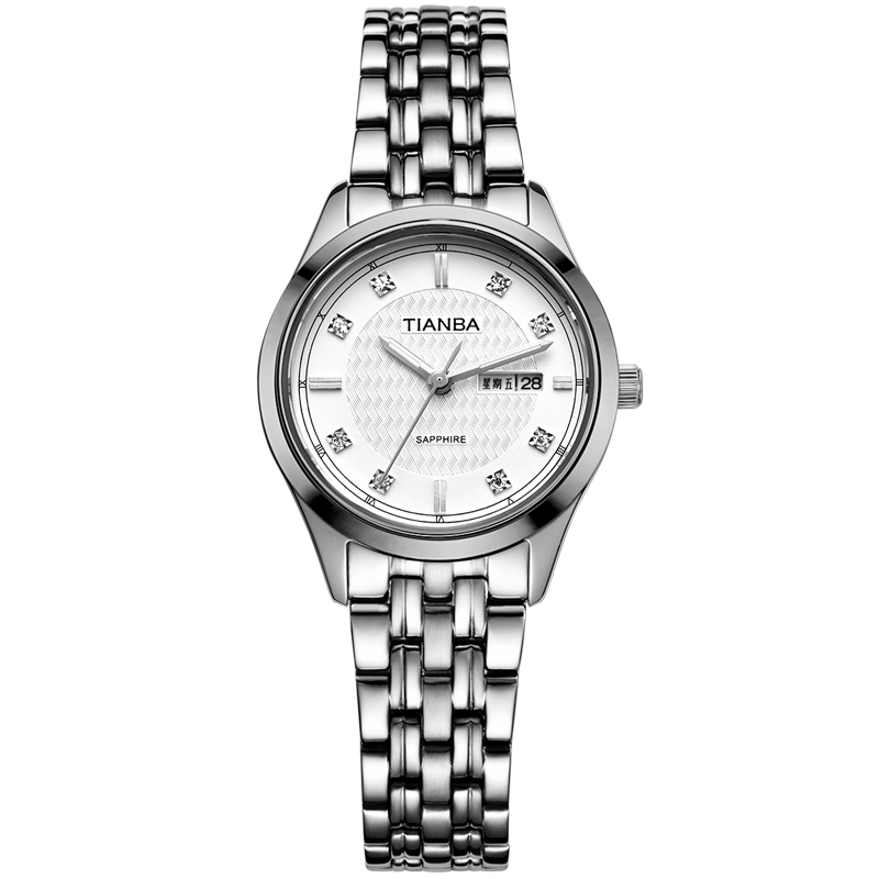 天霸(TIANBA)商务时尚女士手表情侣款 夜光指针双日历金属不锈钢 石英表 女 TL3023 .02SS 白色
