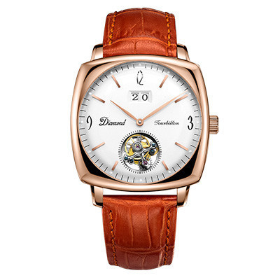 上海钻石牌手表商务方形陀飞轮全自动机械皮带机械表男YT004白面棕皮