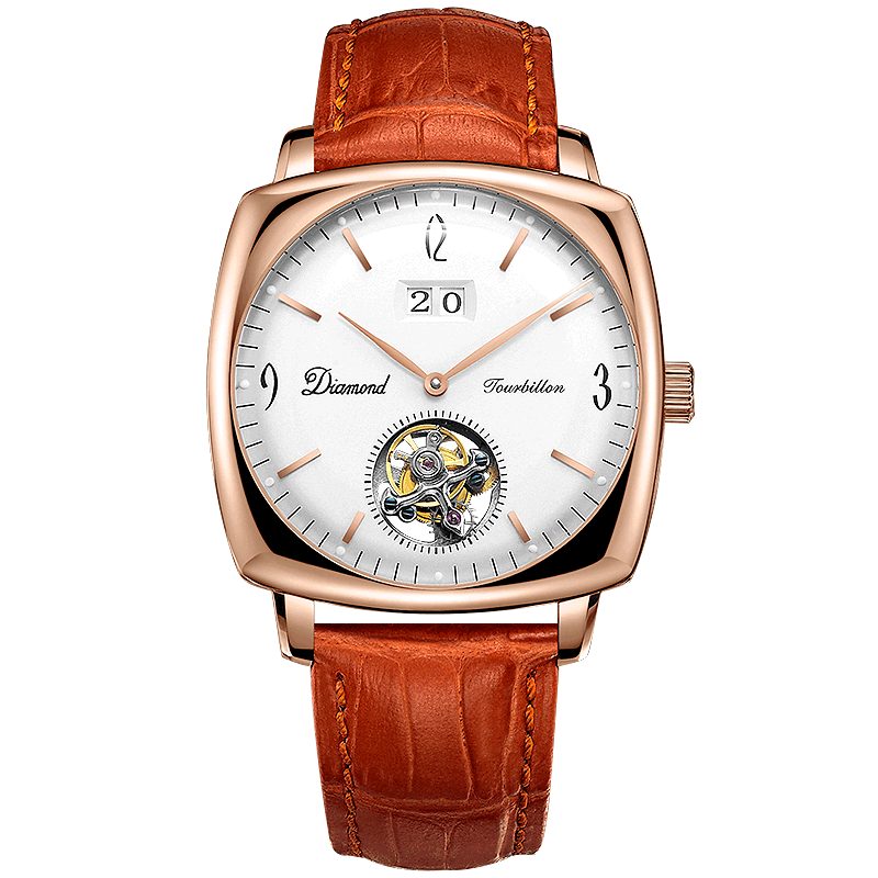 上海钻石牌手表商务方形陀飞轮全自动机械皮带机械表男YT004白钢白面黑皮