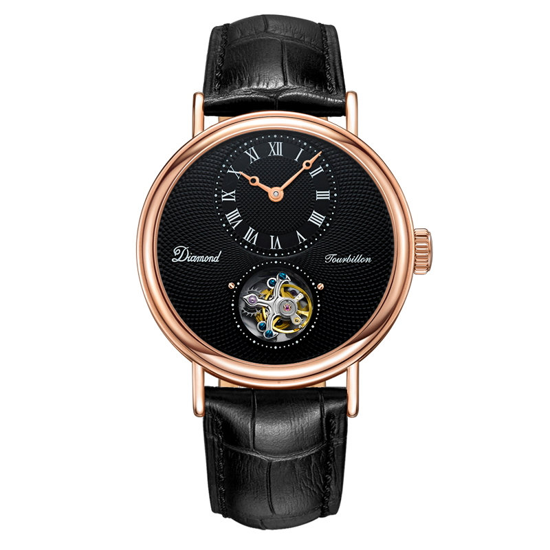 上海钻石牌(DIAMOND)手表男士全自动机械表大表盘陀飞轮手表机械男表YT005玫壳黑面