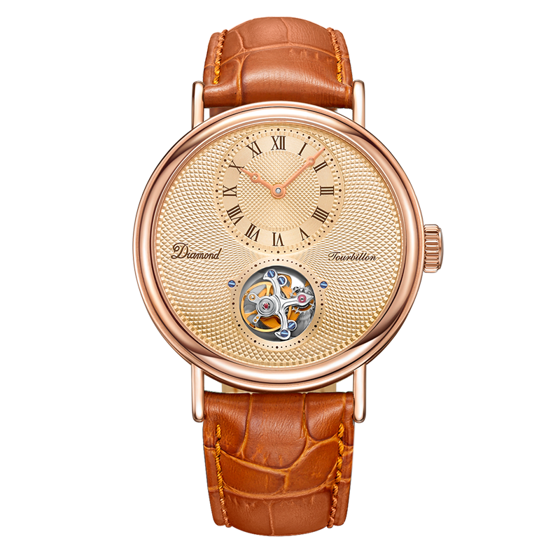 上海钻石牌(DIAMOND)手表男士全自动机械表大表盘时尚休闲陀飞轮机械男表YT005真皮机械表 男