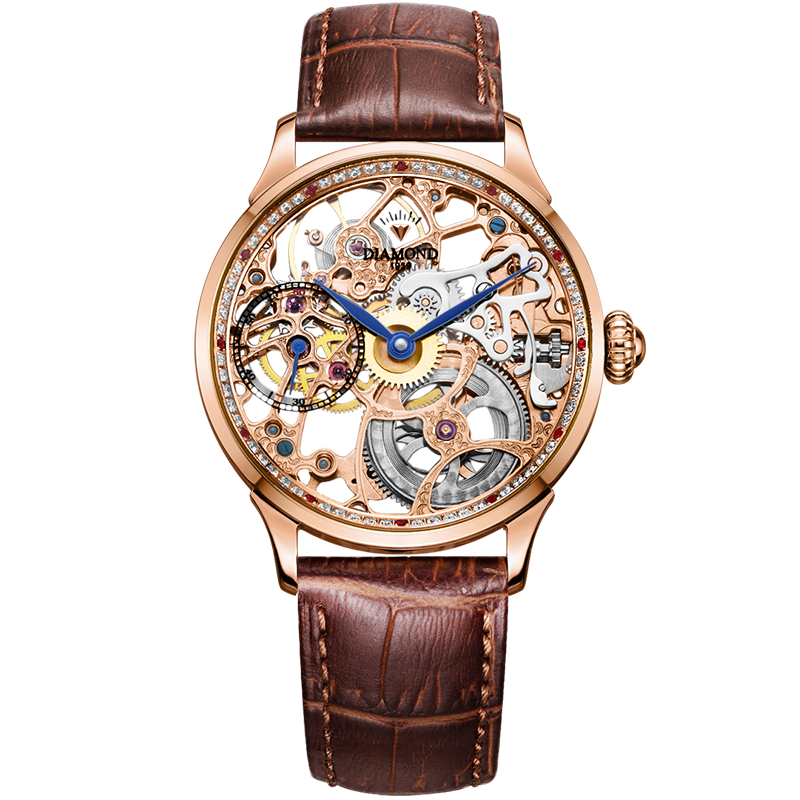 上海钻石牌手表男机械表男士大表盘镂空防水机械男表7100玫瑰金