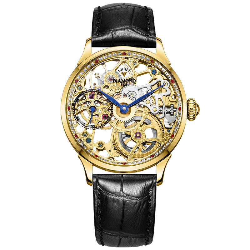 上海钻石牌手表男机械表男士大表盘时尚镂空防水机械男表s7100真皮机械表 男