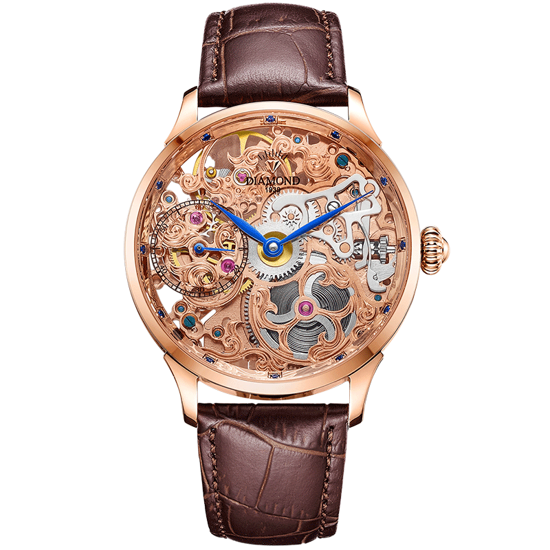 上海钻石牌手表男机械表男士大表盘镂空防水机械男表7100罗马玫瑰金