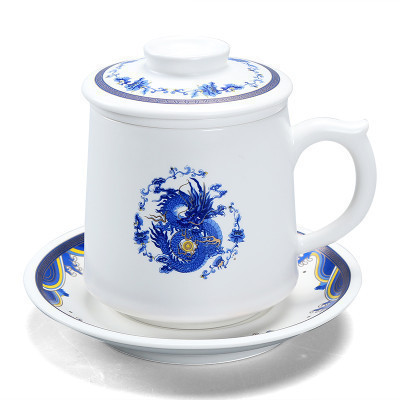 言艺(yanyi) 陶瓷茶杯 水杯 带过滤四件套 海纳百川祥龙献瑞茶杯430ml