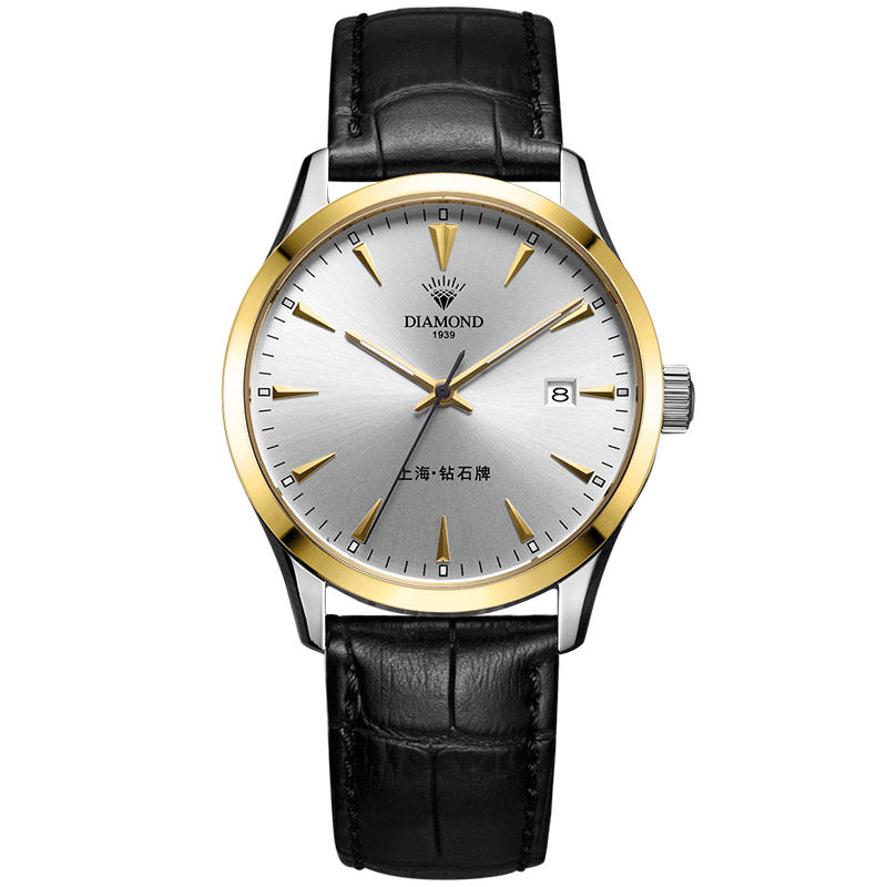 上海钻石牌手表男士全自动机械表精钢日历防水夜光8100米面黑皮