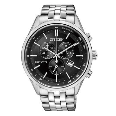 西铁城(CITIZEN)手表 光动能大盘黑色三眼多功能男表AT2140-55E