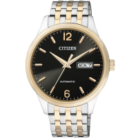 西铁城(CITIZEN)手表 自动机械间金色黑盘双日历钢带男表 NH7504-52EB