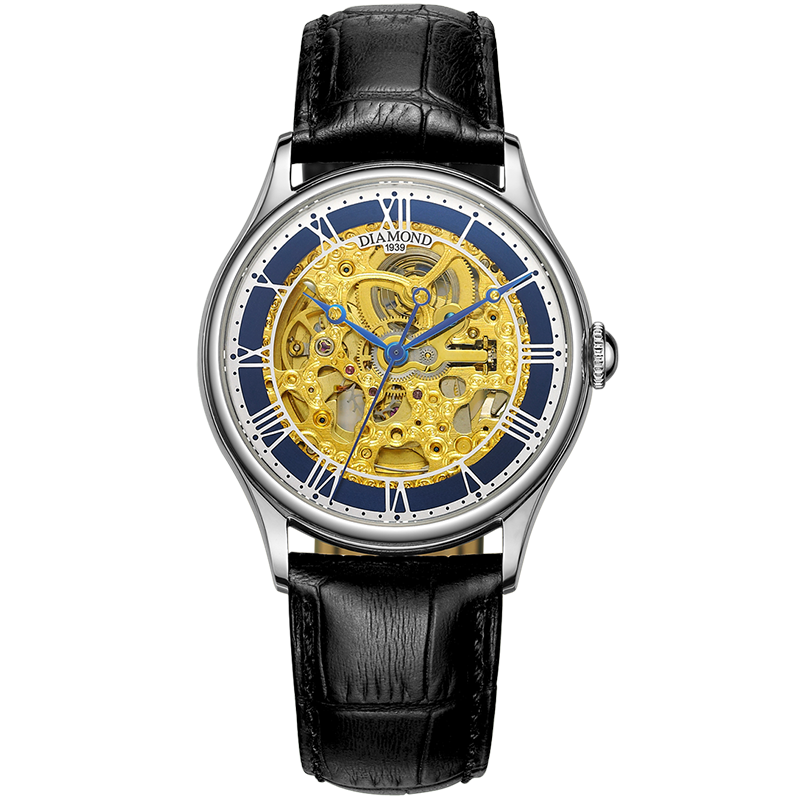 上海钻石牌(DIAMOND)手表男士机械表大表盘镂空防水机械男表8091白壳黑