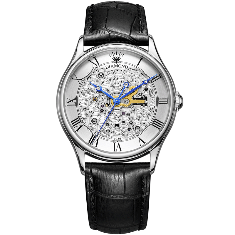 上海钻石牌手表男全自动机械男表大表盘日历精钢镂空男士钻石手表2300白面黑皮