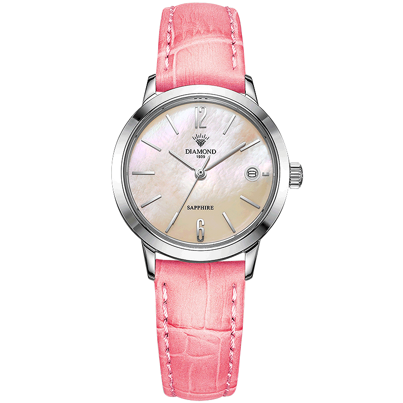 上海钻石牌手表女石英表超薄款女表真皮表带时尚潮流女士石英表wb2100-1粉色款