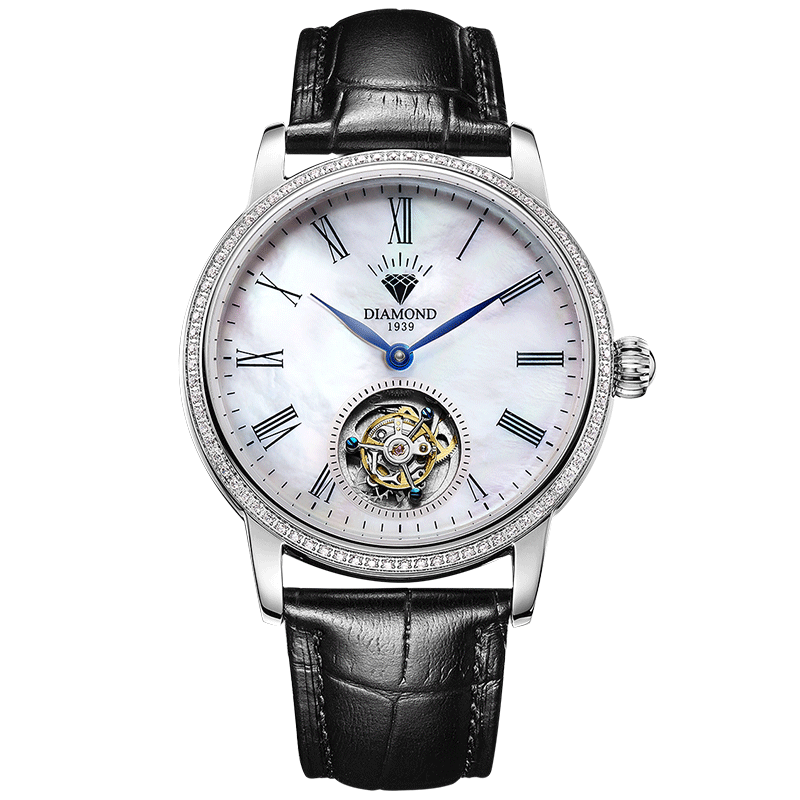 上海钻石牌(DIAMOND)手表男士全自动机械表时尚休闲男表中心式陀飞轮防水YT007真皮机械表 男