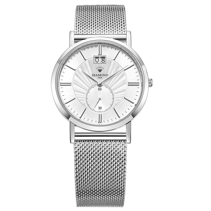 上海钻石牌手表男石英表时尚简约二针日历2501手表石英表男白面黑皮