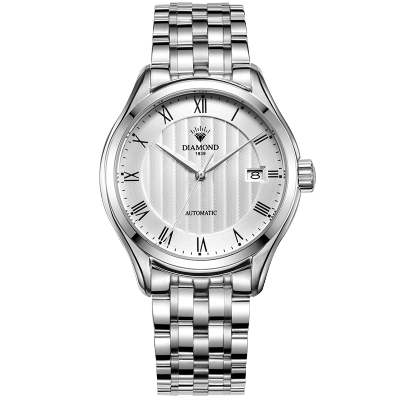 上海钻石牌手表男全自动机械男表大表盘日历精钢2100男士钻石手表白面白钢带