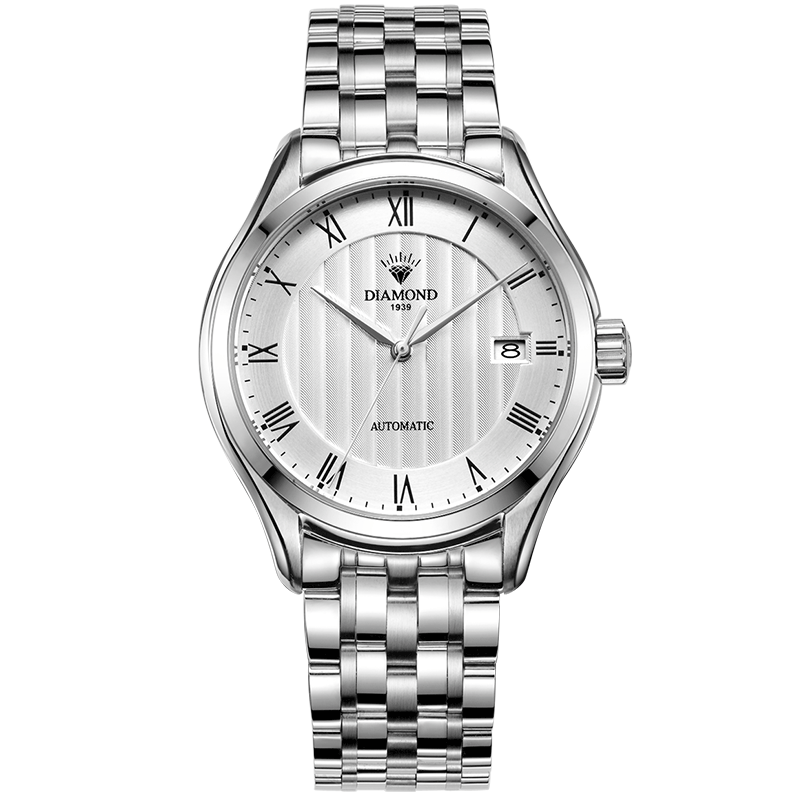 上海钻石牌手表男全自动机械男表大表盘日历精钢2100男士钻石手表黑面白钢带