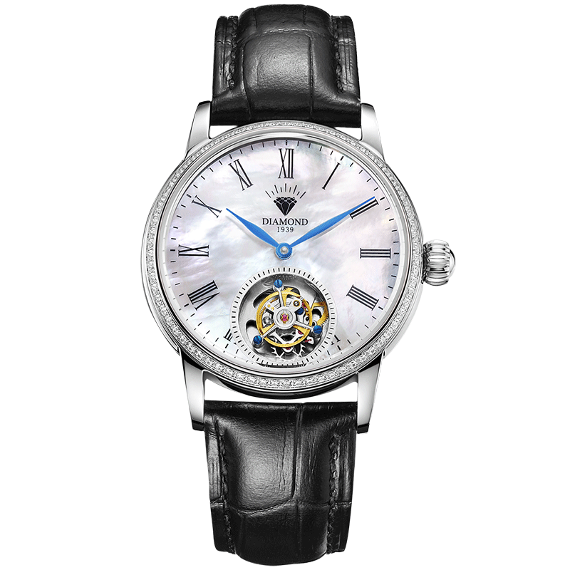 上海钻石牌(DIAMOND)手表女士自动机械表女表时尚休闲中心式陀飞轮防水007真皮机械表 女