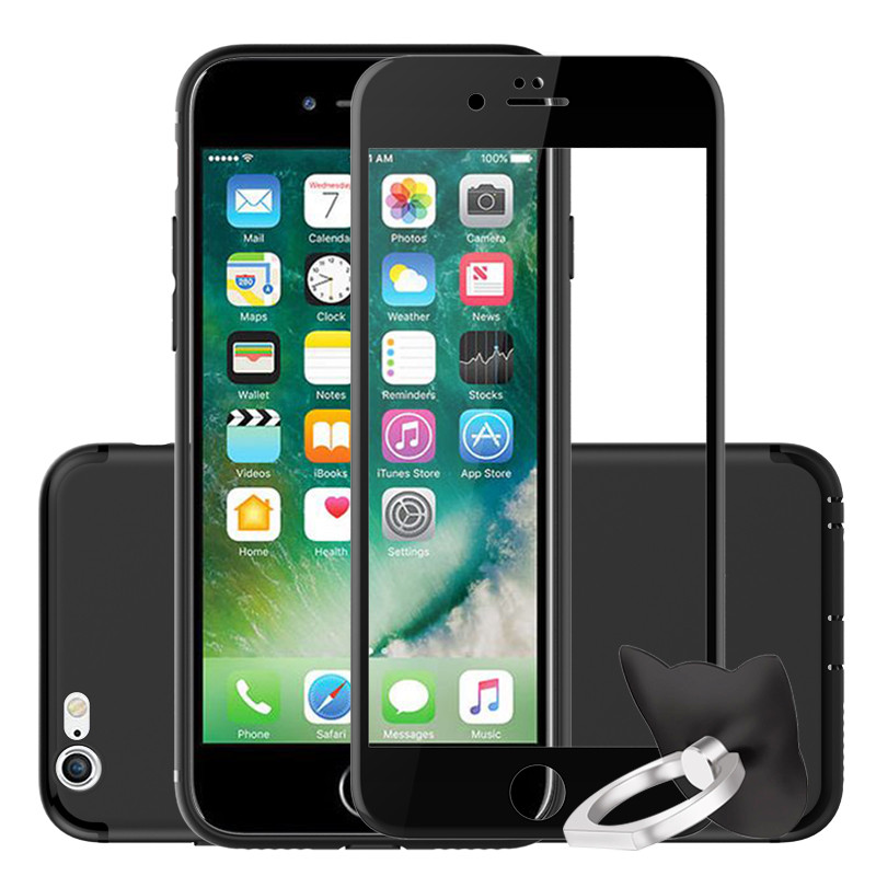 套装【手机壳膜三件套】ESCASE苹果6/6S手机壳/iPhone6钢化膜全屏黑色 送指环扣 全包磨砂防摔软壳保护套 黑
