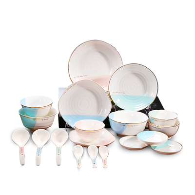 雅诚德釉下彩陶瓷餐具套装碗盘 日式餐具时尚简约 26头碗碟盘餐具组合