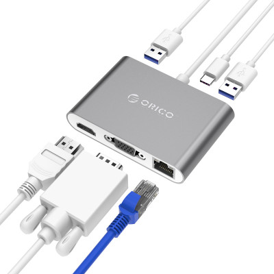 奥睿科（ORICO）RCNB Type-c笔记本扩展坞转USB3.0通用分线器 HDMI/VGA+网口PD双向供电 灰色