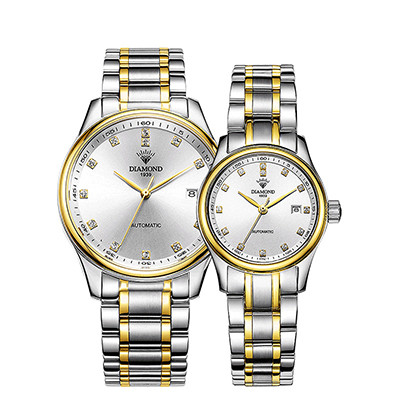 上海钻石牌（DIAMOND)手表情侣款自动机械蓝宝石日历精钢表带机械表间金白面情侣手表