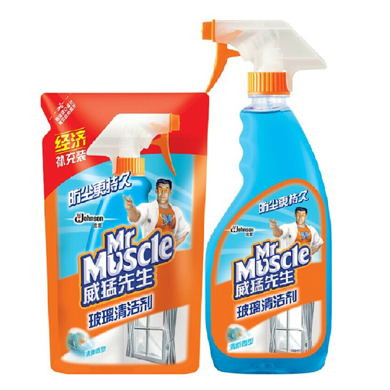 威猛先生(Mr Muscle) 防尘玻璃清洁剂双包装 玻璃清洗剂+补充装500g+420g (瓶+袋)