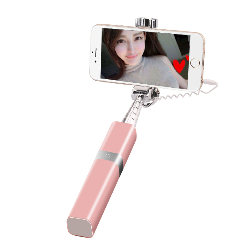 JH5012 粉色 口红自拍杆唇彩迷你线控折叠自拍杆带线铝合金通用手机自拍神器杆