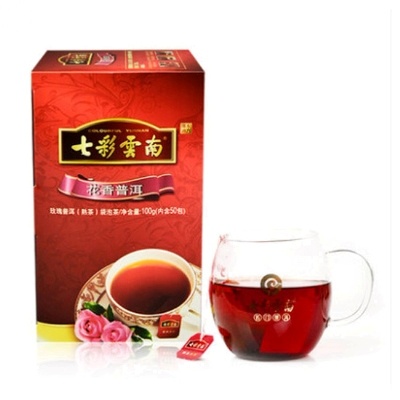 七彩云南 花香玫瑰普洱 茶叶 (熟茶)袋泡茶 盒装 100g(内含50包)/盒