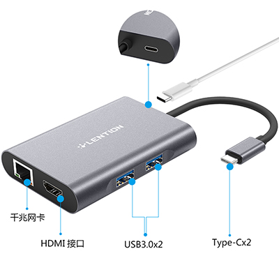 Lention蓝盛 C56EH五合一转换器0.1苹果笔记本Type-C转USB3.0转有线千兆网口投影仪转换器 深空灰色