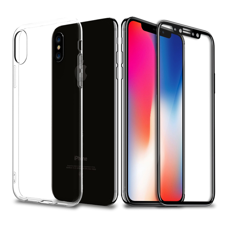 ESCASE 苹果iPhoneX手机壳 iPhoneX钢化膜 全包防摔透明软壳+全屏黑色钢化玻璃膜 壳膜套装