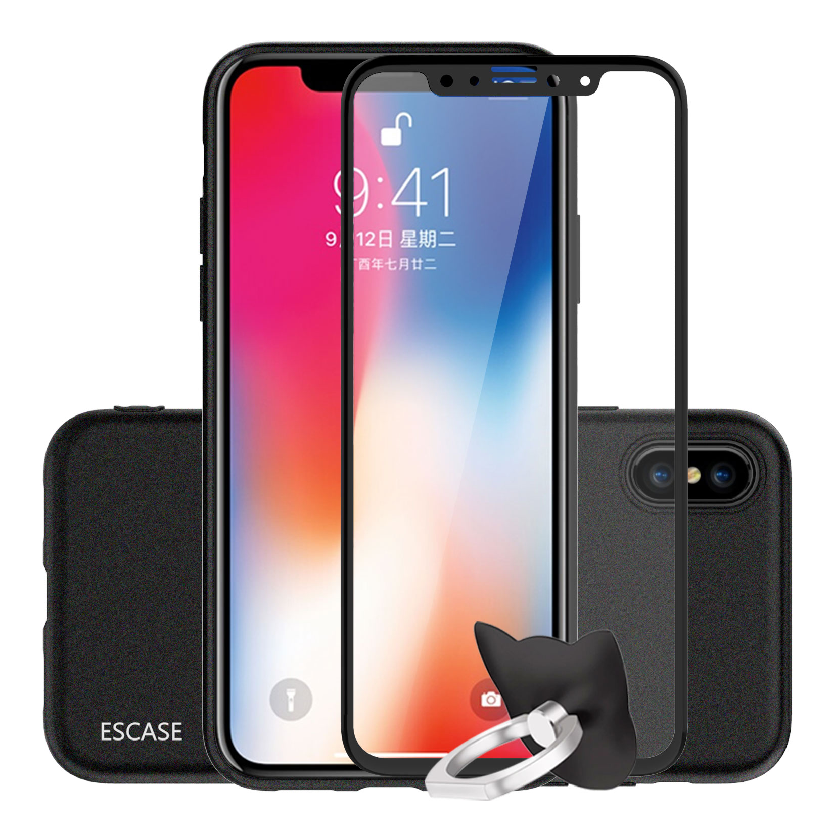 [手机壳膜三件套]ESCASE苹果X/10手机壳/Apple iPhone X钢化膜全屏黑色全包磨砂黑软壳保护套
