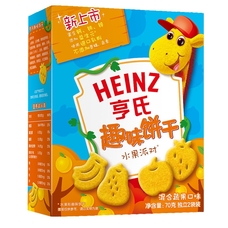 亨氏(Heinz)趣味饼干水果派对70g 亨氏宝宝零食饼干 无添加婴幼儿辅食动物饼干婴幼儿零食 儿童营养辅食