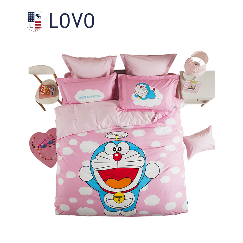 LOVO床品四件套 全棉斜纹印花 1.5米/1.8米床 卡通动漫 纯棉床上用品 床单被单被套 哆啦A梦系列套件