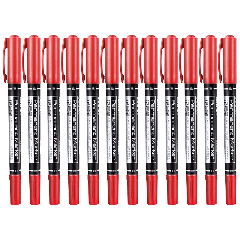得力(deli)6824双头油性记号笔 红色 12支/盒 儿童绘画勾线笔 粗头细头标记马克笔 油性笔 水笔 笔类