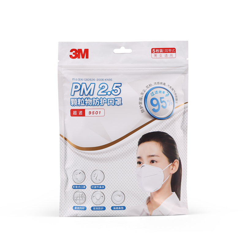 3M口罩KN95级防护防雾霾PM2.5防尘易呼吸口罩 成人男女通用防护口罩耳戴式9501 1包共5只
