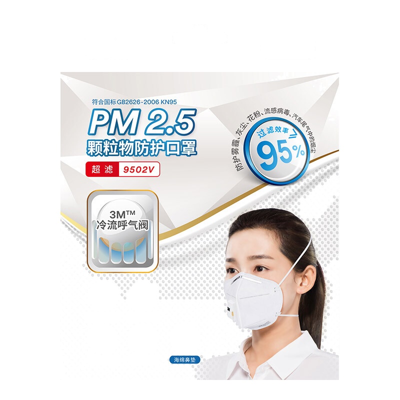 3M口罩KN95级防护防雾霾PM2.5防尘易呼吸口罩 成人男女通用带呼吸阀透气防护口罩头戴式9502V 1包